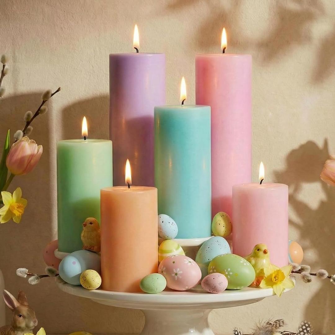 Lounsweer 6 Pcs Easter Candles Pastel Column Votive Candles Real Wax, Smokeless, Drip-Free Pink, Blue, Purple Easter Pastel Decorations Table Centerpiece for Bedroom Living Room Dinner Table