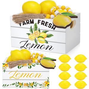 Qunclay Lemon Mini Crate Summer Tiered Tray Decor with 8 Faux Lemons with Wood Bead Tassel Farmhouse Lemonade Kitchen Decorations Summertime Wood Crate for Party Decor