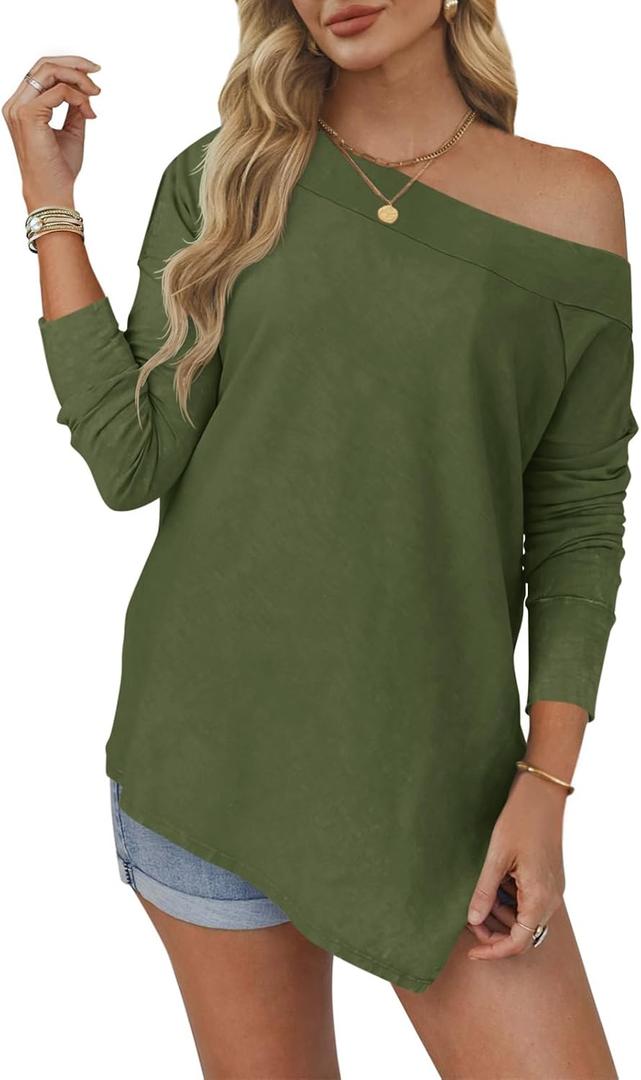 Tankaneo Womens Off The Shoulder Tops Casual Long Sleeve T Shirts Irregular Hem Split Tunics Loose Fall Blouse Shirt (Green, L)