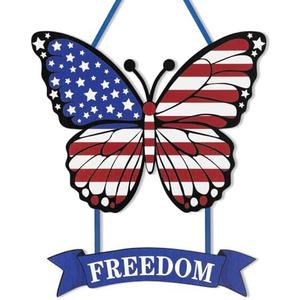Set of 2 Pack, 4th of July Decoration Wood Door Wall Signs, Wooden Butterfly Wreaths Front Door Welcome Sign Patriotic Day Door Hanger Crafts for Independence Day Memorial Day Home Farmhouse Party Porch Wall Decor