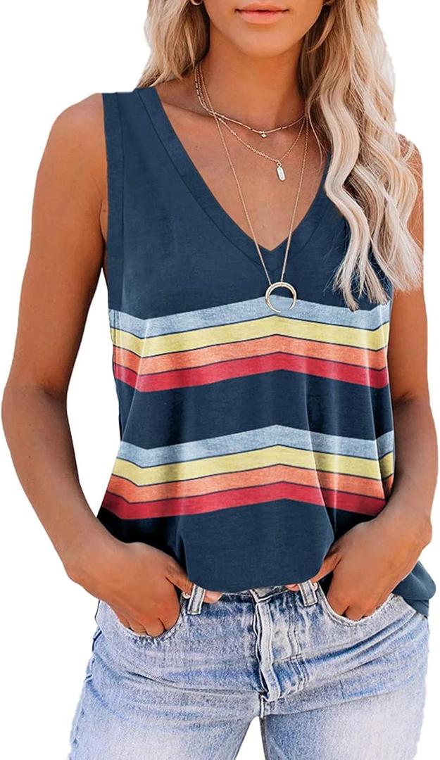 ETCYY Women's Sleeveless V Neck Tank Tops Summer Trendy 2025 Causal Cute Printed Loose Fit Workout Athletic Yoga Shirts (XX-Large, Color Blue)