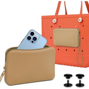 Accessories for Bogg Bag, Large Khaki Silicone Phone Holder for Bogg Bag, Charm for Bogg Bag, Silicone Zipper Bag Wallet with Lanyard for Beach Bags Tote Bag