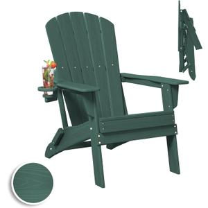 Folding Adirondack Chair, SGS Tested, Wooden Textured with Cup Holder, Heavy All-Weather HDPE Comfortable Set Poolside Backyard Lawn Green (Folding Chair with Cupholder)
