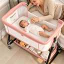 Baby Bassinets Bedside Sleeper with Wheels and Mattress, Cosleeping Baby Bed with Storage, Co-Sleeper Bassinet Attach to Bed, Bed Side Crib with Breathable Mesh, Height Adjustable (Pink), 35.4‘’L*21.7''W*28''-32.7''H