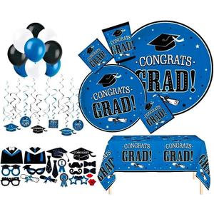 Serves 30 | Complete Party Pack | Congrats Grad Blue Party Supplies | 9 Dinner Paper Plates | 7 Dessert Paper Plates | 9 oz Cups | 3 Ply Napkins Beverage and Lunch Napkins | 2 Table Cover | 20