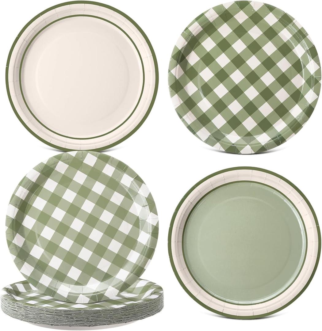 60 Pcs Sage Green Gingham Paper Dessert Plates 9 Inch Disposable Checkered Plaid Dinner Plates for Birthday Baby Shower Wedding Camping Themed Party Supplies, 4 Styles