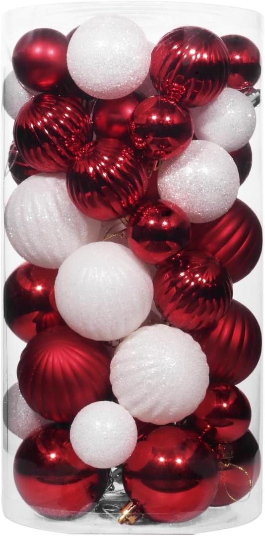 50ct Red and White Christmas Ornaments Set, 2025 Shatterproof Christmas Tree Decorations, Christmas Ball Ornament, Vintage Classic Christmas Ornament Bulk for Christmas Decorations Indoor