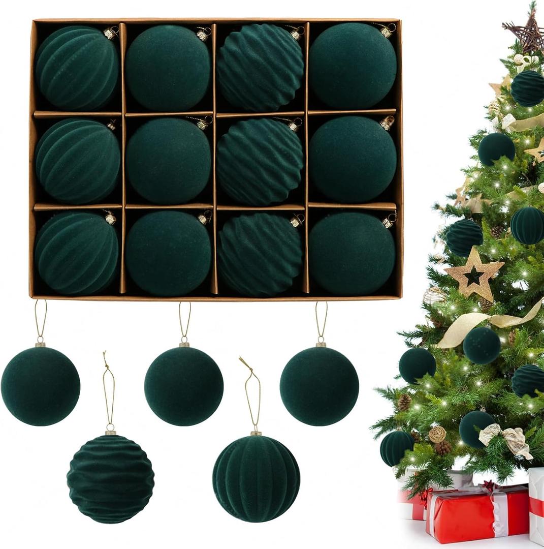 3.15inch Velvet Christmas Ornaments Balls Flocked Christmas Tree Ball Bulk Plastic Hanging Ornaments Balls for Xmas Decoration (Green, 3.15inch)