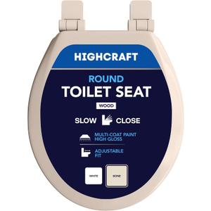 HIGHCRAFT Premium Round Toilet Seat with Slow-Close Design & Adjustable Hinges - Molded Wood Toilet Seat - Fits Standard Round Toilets - Round Seat in Bone/Beige