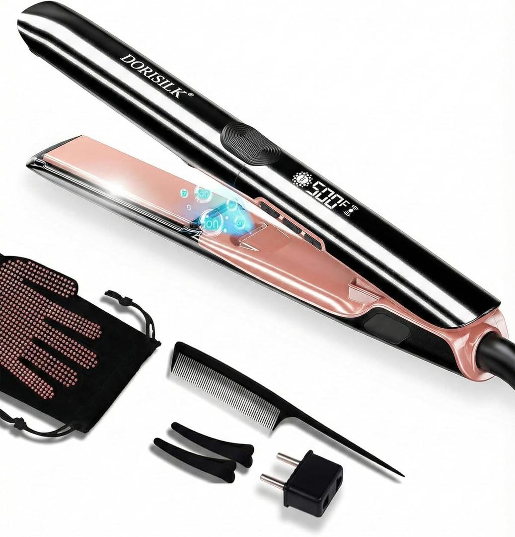 DORISILK 500 Degree High Temp Professional Hair Straightener30s Fast Heating Ceramic Flat Iron 2 in 1 Hair Straightener and CurlerPlasma Flat Iron Get Frizz-Free Dual Voltage for Travel Using
