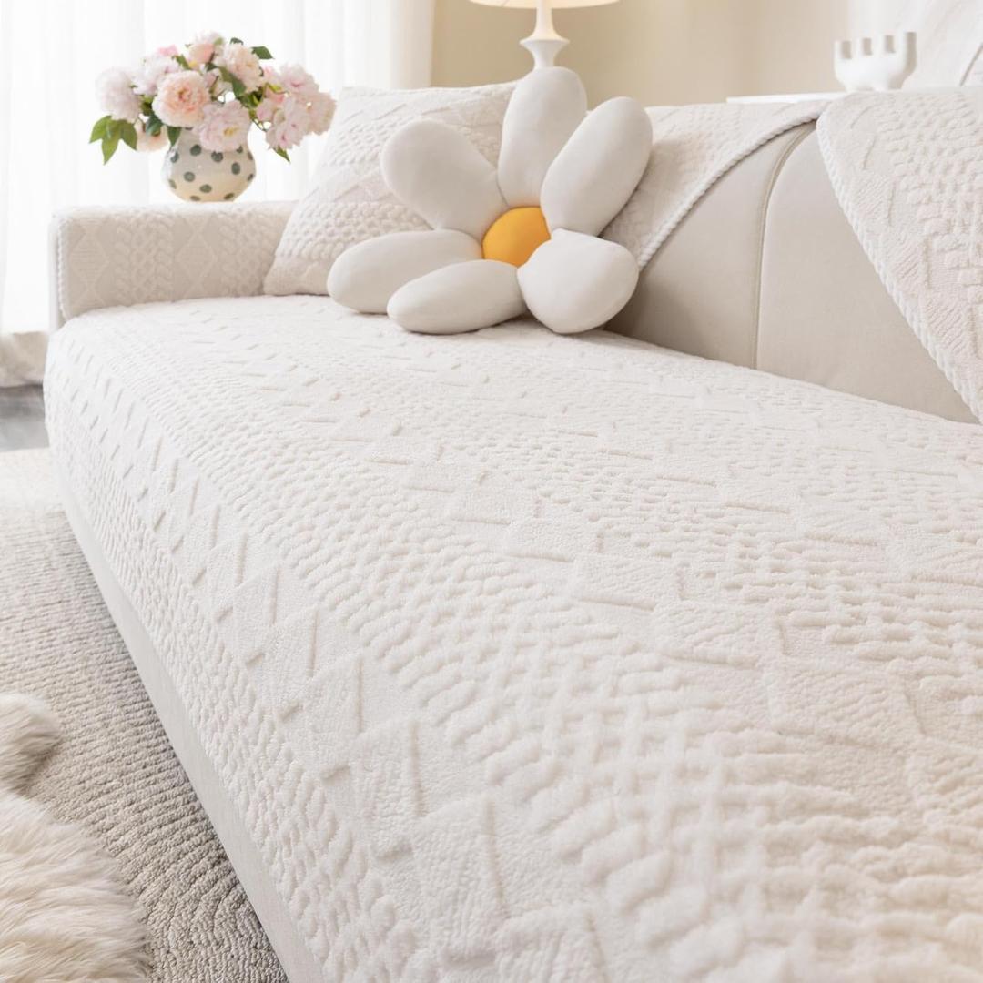 Soft Plush Couch Cover, Non Slip Fluffy Sectional Sofa Covers for 3 Cushion Couch Sofa L Sharped Sofa Slipcover for Pets, Furniture Protector (1 PCS 36"x82" White)