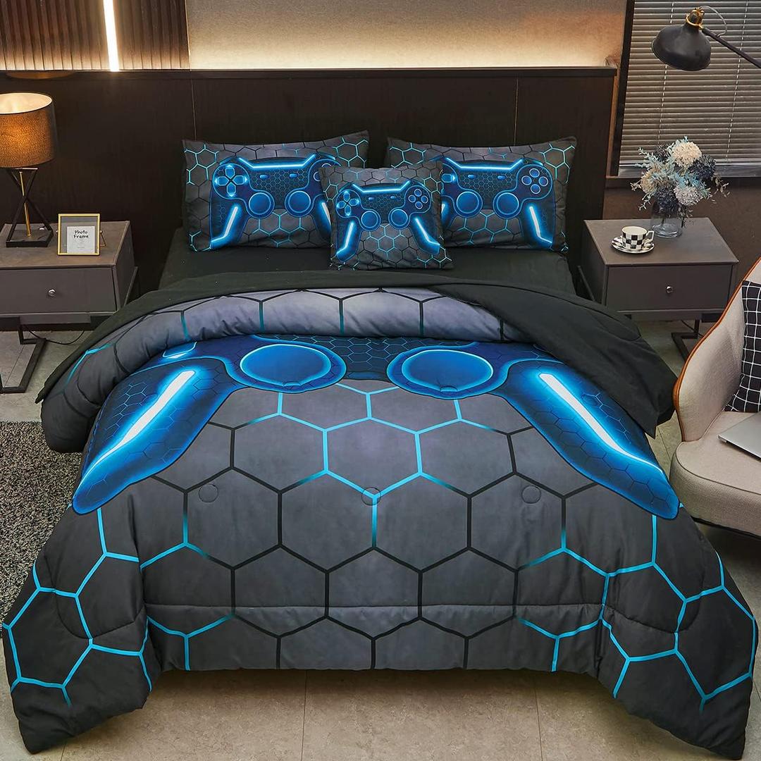 Game Console Blue Comforter Set with Sheets, 6 Pcs Bed in A Bag Geometric Lightweight Boys Full Size Bedding Set for Kids Teens