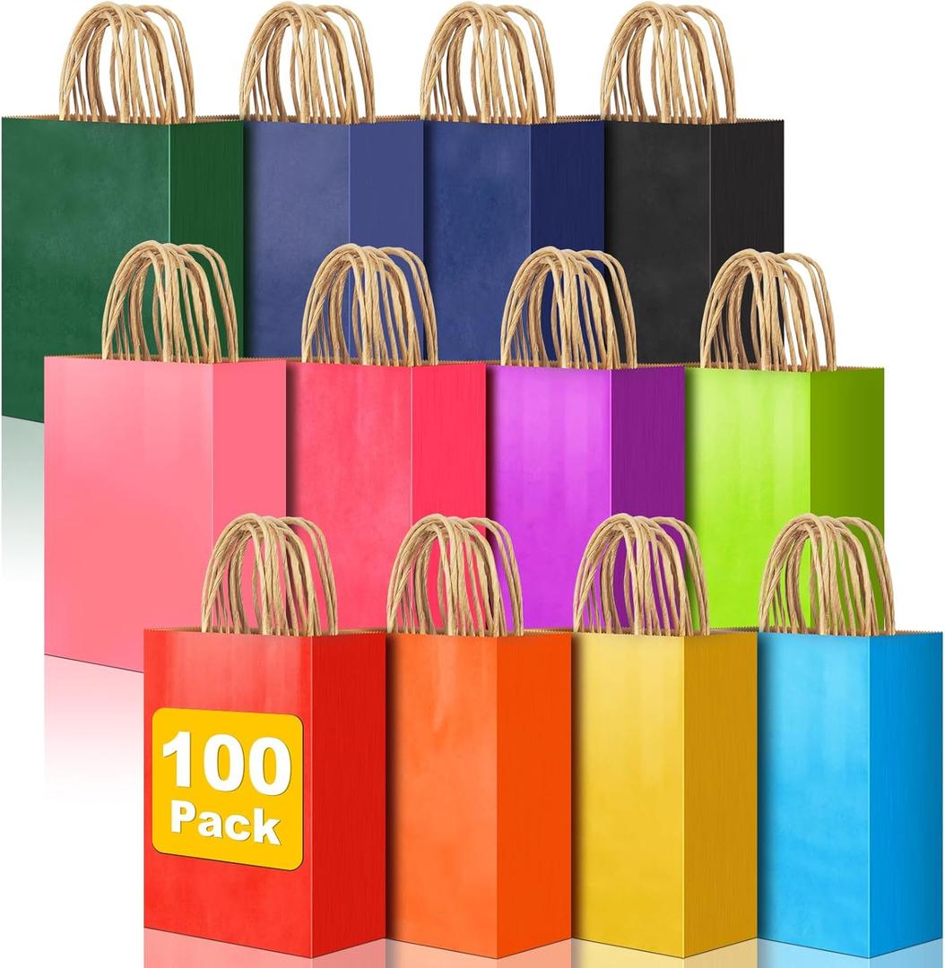 100 PCS Small Gift Bags with Handles, 5.91"x3.15"x8.27" Party Favor Bags, 12 Colored Goodie Bags for Birthday Party, Kraft Paper Gift Bags Bulk for Wedding, Baby Shower, Celebrations, Party Supplies (Multiple)