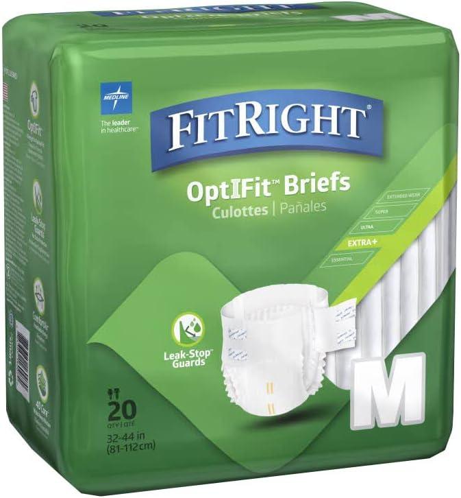 FitRight Extra+ Adult Diapers, Disposable Incontinence Briefs, LeakProof Diaper, Absorbent Briefs For Men and Women, Maximum Protection, Medium, 32 – 44 in, 20 briefs per bag