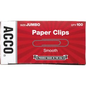 ACCO Paper Clips, Jumbo, Smooth, 100 Clips/Box, 1 Box (72580) (Silver) ACCO Paper Clips, Jumbo, Smooth, 100 Clips/Box, 1 Box (72580) (Silver)