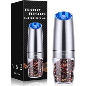 Sweet Alice Gravity Electric Pepper/Salt Grinder, Salt and Pepper Mill & Adjustable Coarseness, Battery Powered with LED Light, One Hand Automatic Operation, Stainless Steel (Single/Silver) (2.5*2.5*7.9inch)
