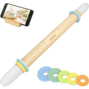Geesta Adjustable Wood Rolling Pin with 5 Thickness Rings, Precise Dough Roller Handle Press Design with Measurement Guide for Baking Fondant, Pie Crust, Cookie, Pastry - Baking Essential (Multicolor)
