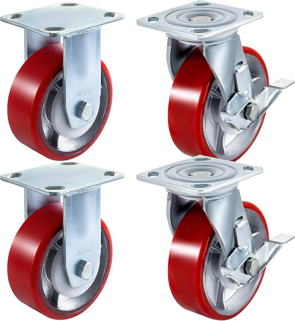 VEVOR Caster Wheels Set of 4, 6" Heavy Duty Casters (2 Rigid and 2 Swivel Casters with Side Brake) Polyurethane Iron Core Plate 4000LBS Capacity