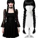 Women's Gothic Black Braided Wig with Bangs - Long Straight Twin Ponytail Synthetic Fiber Wig for Halloween & Party Costumes
