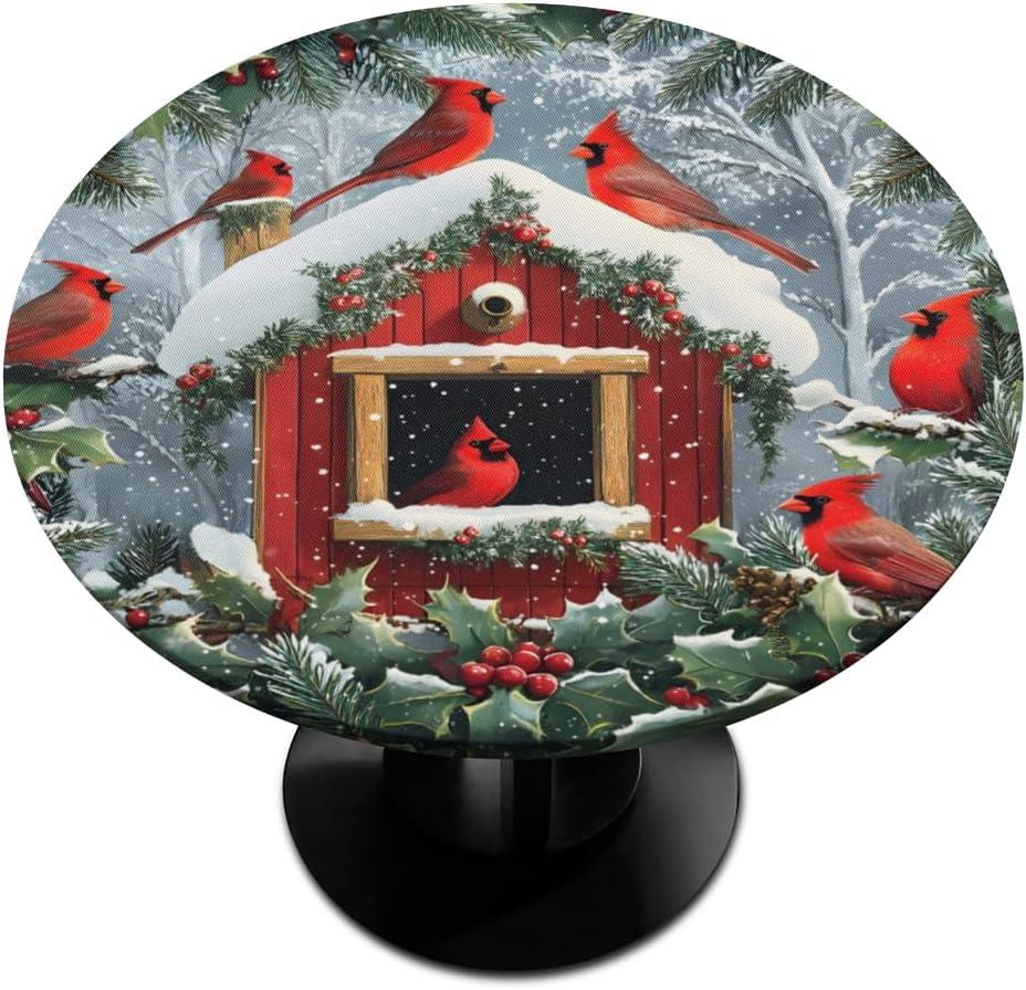 Round Fitted Tablecloth with Elastic, Christmas Winter Cardinal Holly Round Tablecloths Wipeable Waterproof Table Cover Indoor Outdoor Circle Cover for Dining Kitchen Patio Camping Picnic, 40"-44"