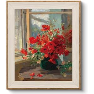 VIYYIEA Framed Canvas Wall Art for Living Room, Vintage Home Decor Flowers Oil Painting Summer Room Decor Bathroom Wall Decor, Gifts for Friends or Family -【Red Poppy】-(36x24)
