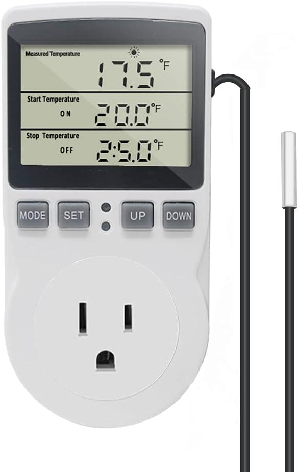 Digital Thermostat Plug Socket Temperature Controller Outlet 3m Probe 120V 15A 1800W C F Heating Cooling Control for Incubator Brewing Incubator Greenhouse Terrarium Heat Mat