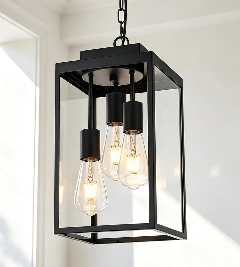MELUCEE 16'' Outdoor Pendant Lantern 3-Light, Matte Black Exterior Hanging Light Fixture IP44 Waterproof Outdoor Lantern Ceiling Mount with Clear Glass for Front Door Balcony Porch Adjustable Height