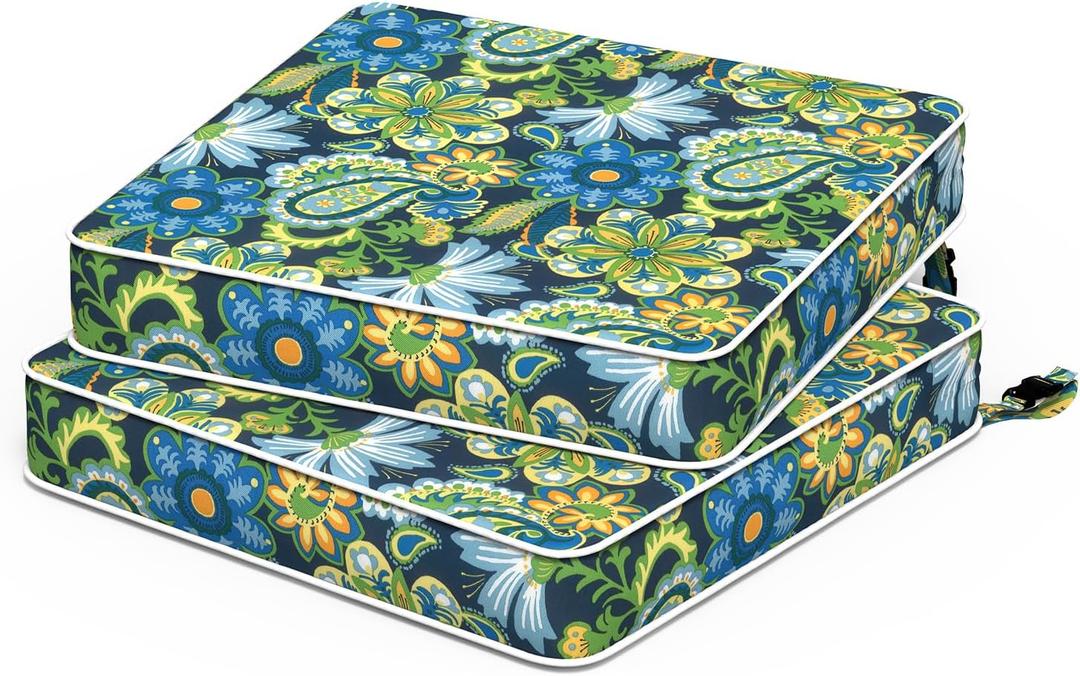 Outdoor Seat Cushions 19 x 19 x 3 Inch, Water Repellent Patio Chair Foam Cushions with Straps, Outdoor Cushions for Patio Furniture Garden Sofa, Set of 2, Flower Child