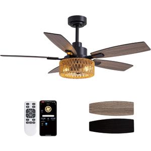 46 Inch Boho Black Rattan Ceiling Fans with Lights and Remote Control, Farmhouse Caged Rattan Ceiling Fan for Dining Room, Bedroom, Living Room and Patio, Indoor/Outdoor (Aloha)