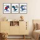 3Pcs Cartoon Dinosaur Wall Art Trio Set Music Sports Rock Themes Playful Canvas Prints Vibrant Color Posters Starry Gray Background Pictures Paintings for Kids Room Wall Decor Nursery Decoration Unframed