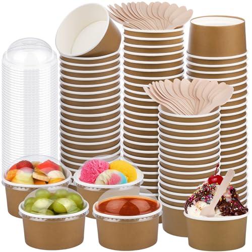 LemonRoad 49 Pack 5 oz Ice Cream Paper Cups with Lids and Spoons Disposable Dessert Cups Ice Cream Bowls Sundae Containers for Snack Yogurt Soup Birthday Party Supplies (Khaki)
