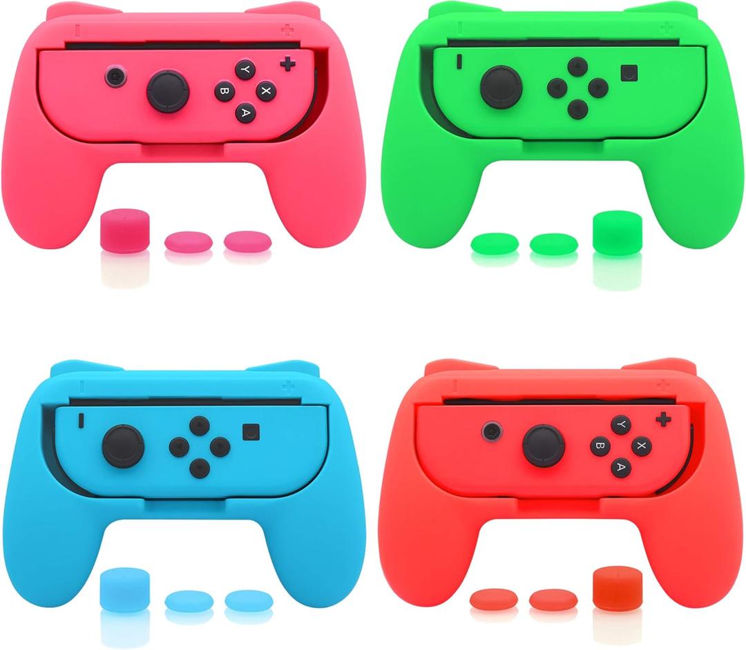 FASTSNAIL 4 Pack Grips Kit Compatible with Nintendo Switch for Joy Con, Wear-Resistant Grip Controller for Joy con & OLED Model with 12 Thumb Grip (Green, Pink, Blue, Red)