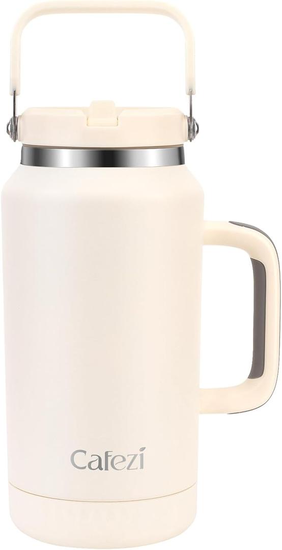 Cafezi 64 oz Leak-Proof Insulated Tumbler with Flip Straw Lid - Sweat-Free, Top and Side Handle, Anti-Slip Silicone Base, Iced for 34 Hours - Water Jug for Hiking, Fitness, Office, Travel, Home (Creamy)