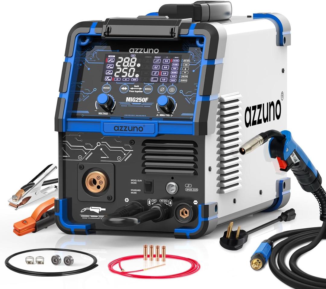 AZZUNO Aluminum 250Amp MIG Welder,6 in 1 Gas MIG/Gasless Flux Core/Stick/Lift TIG/Spot Welding/Spool Gun Compatible Welding Machine 110V/220V Large LED Display Multi Process Welder