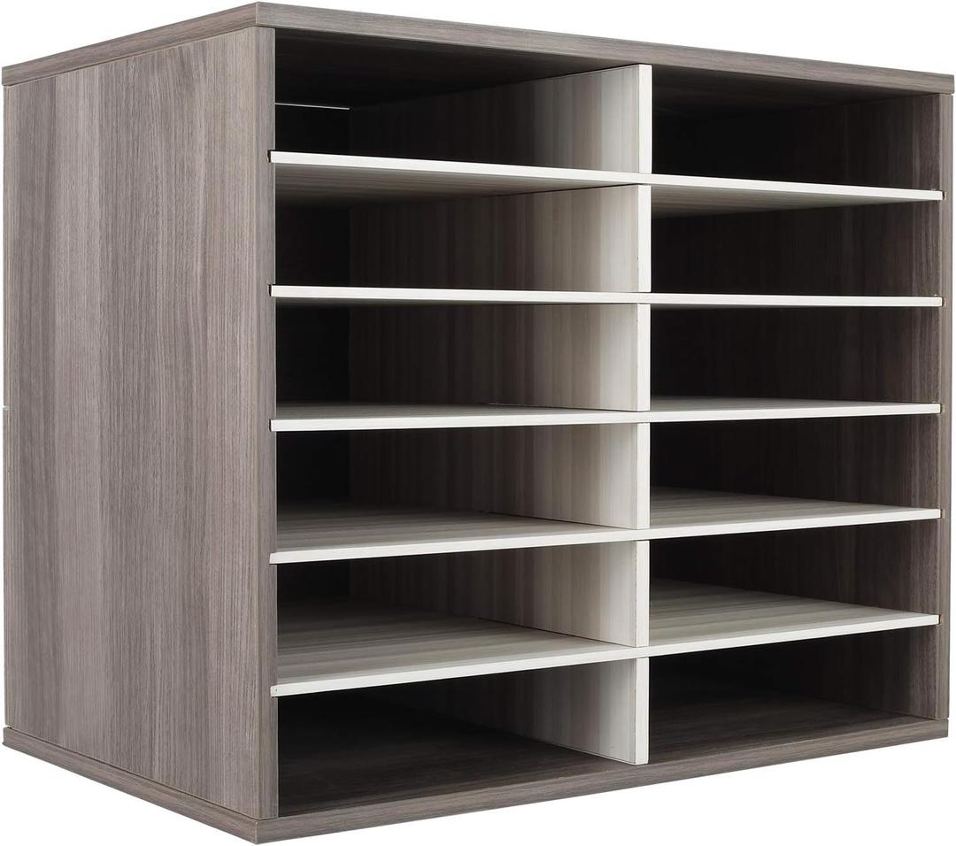 TQVAI Wood Literature Organizer, 12 Slots Hold 6000 Sheets A4 Papers, Wooden Desk Paper File Storage Organizer with Adjustable Shelves, Mailbox Cubbies for Office Home Classroom, Retro Grey/White