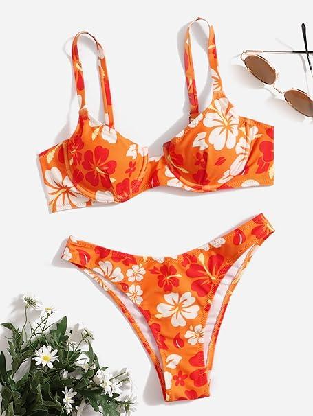WDIRARA Women's Floral Print Underwire Bikini Swimsuit 2 Piece Bathing Suits Swimwear (Green White) M