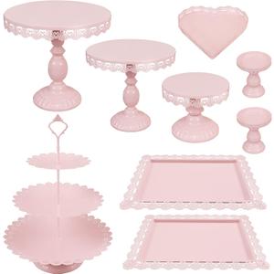 Set of 9 Cake Stands Metal Cupcake Stand Set Multiple Styles Candy Fruit Display Tower Dessert Plate Cake Serving Tray for Birthday Party Wedding Anniversary Baby Shower Engagement (Pink)