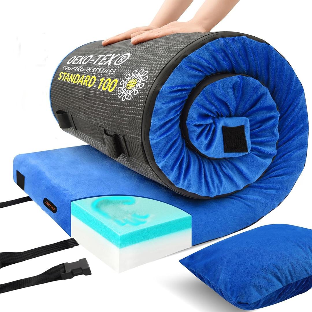 Memory Foam Camping Mattress pad, Comfortable Thick Floor Sleeping Mat for Adults with Waterproof and Non-Slip Bottom, Portable Roll Up Mattress for Sleepover Guest, Cot Mad for Car Camping (Kid:62*23*3", Blue)
