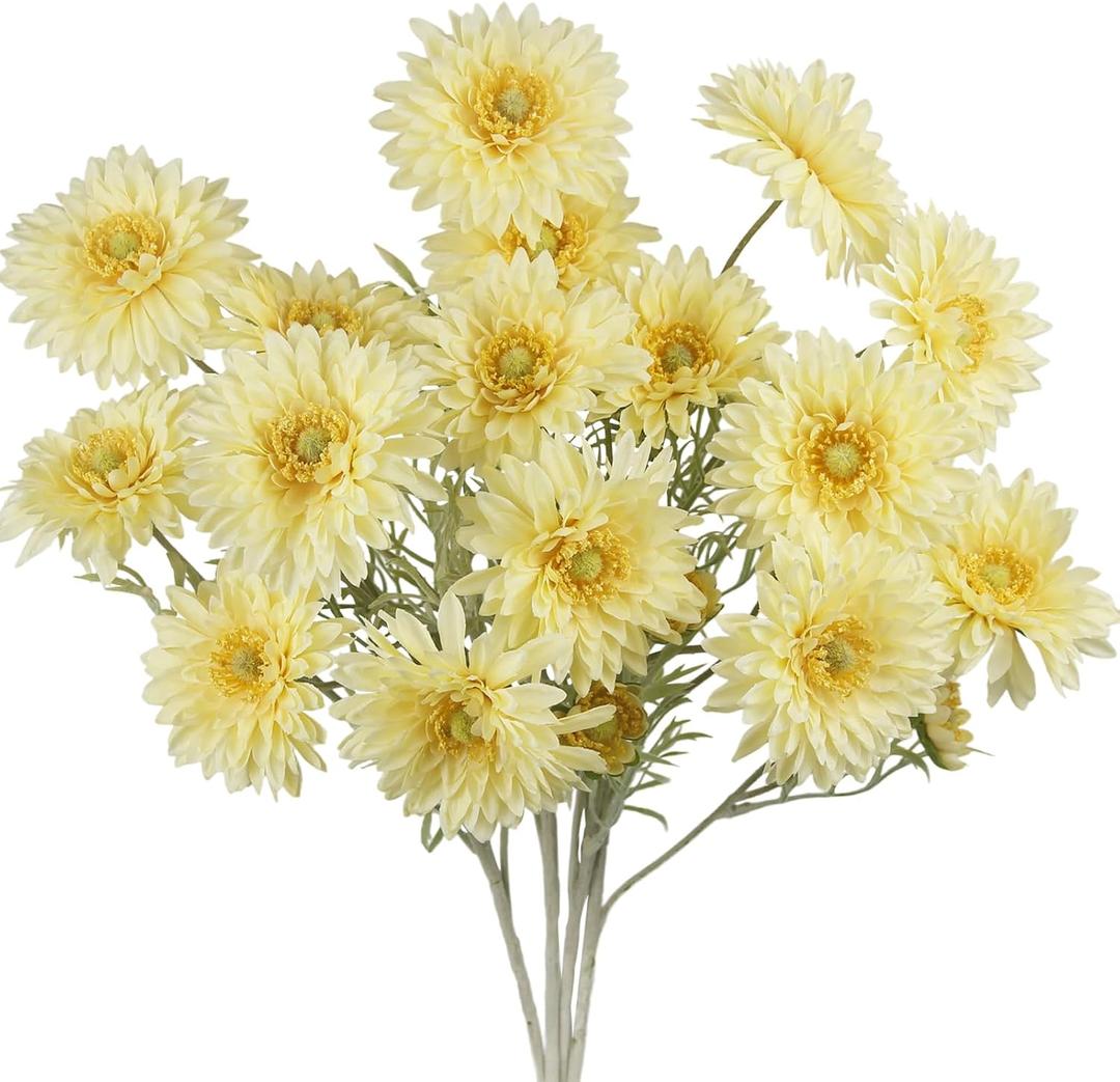 CISDUEO 4 Pcs Artificial Wildflowers Bulk Spring Decor Yellow Fake Cosmos with Long Stem Silk Flower Mums Chrysanthemum Faux Flowers Arrangements for Wedding Bouquet Table Centerpiece Outdoor Cemetery