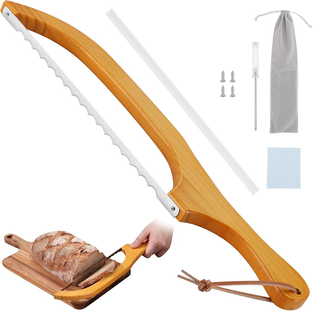 2 x 15.7" Sourdough Bread Knife, Bread Knife for Homemade Bread, Wooden Bread Bow Knifes, Premium Stainless Steel Serrated Bread Knifes, Bread Cutter for Bagels, Baguettes, Sourdough Knifees for Slicing (peach color)