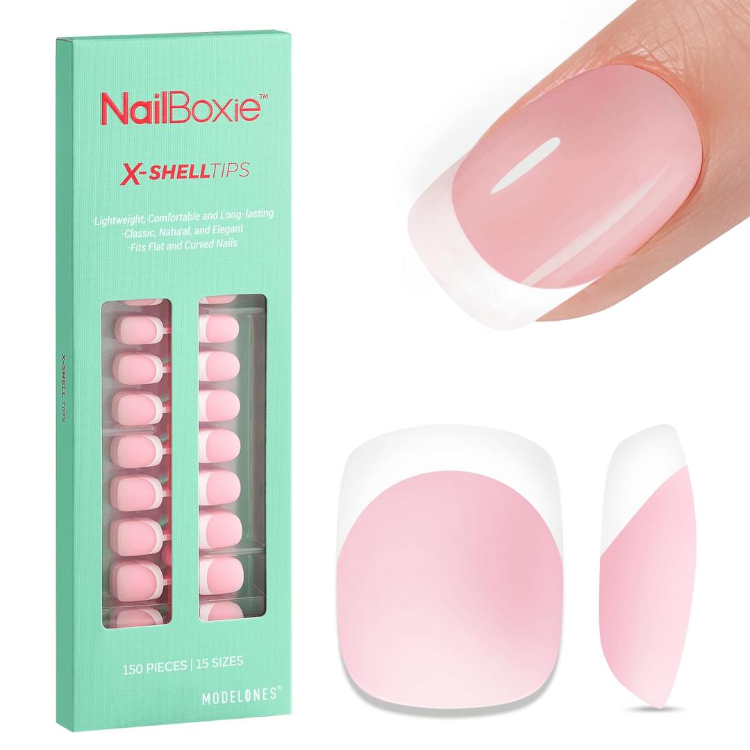 3 x modelones French Tip Press on Nails, 150Pcs Extra Short Square Fake Nails with Nail Box, Pink Gel Nail Tips for Women, Soft Glue-On Nails for Natural Salon Look, DIY Nail Art Kit (15 Sizes)