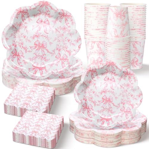 Newtay 250 Pcs Pink Bow Paper Plates and Napkins Coquette Valentine's Day Party Supplies Disposable Tableware Set for 50 Guests Pink Bow Paper Plates Napkins Cups for Baby Shower Birthday Decoration
