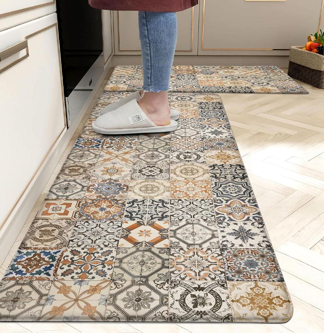 Boho Kitchen Rugs Set 2 Memory Foam Colorful Ceramic Comfort Tile Floor Mat Anti Fatigue Non-Skid PVC Runner Rug Water & Oil Proof Carpet for Kitchen Laundry Sink, 17.3x28+17.3x47 Inch, C3