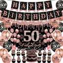 47PCS 50th Birthday Decorations for Women, Happy Birthday Banner With Balloons,Backdrop, Cake,Cupcake Toppers.Black Rose Gold 50th Birthday Party Decorations for Women.