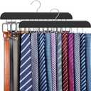 2 Pack Tie Rack & Belt Hanger 2 in 1 Tie Hanger Space Saving Max 42 Belts& 60 Ties Capacity for Closet Organizers and Storage, Sturdy Wood Belt & Tie Collection Organizer (Black)