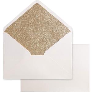 PONATIA 50 Pieces/Lot A7 Envelopes, 5.25 x 7.5'' Gold Glitter Shinny Envelopes, Perfect for 5x7'' Weddings, Invitation Cards,Graduation Invite (Shiny Ivory+Gold Glitter)