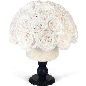 Luxury Preserved Flowers Blooms with Ceramic Base, Mushroom Shape Forever Eternal Natural Rose Gift Box for Home Table Decoration, Girlfriend Wife Family Valentines Mothers Day Birthday (White)