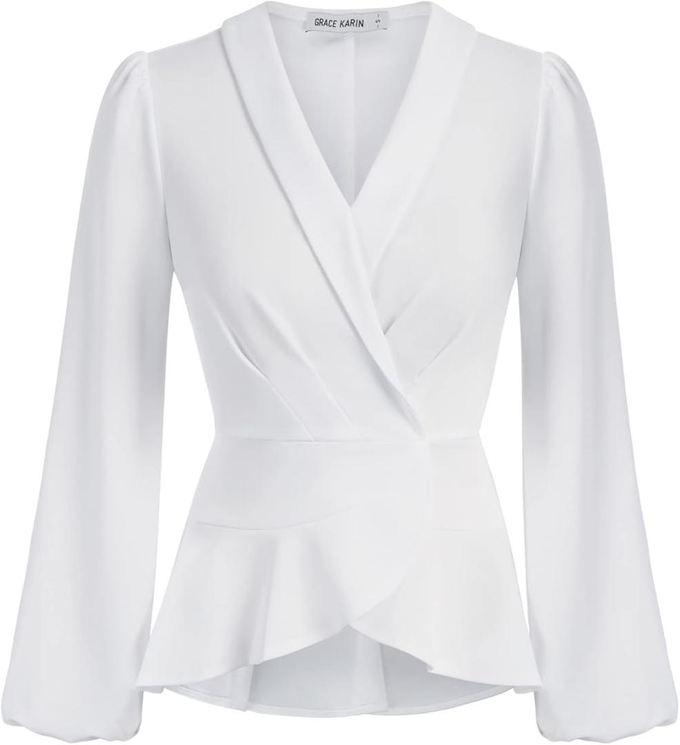 Cosonsen Women's Dress Deep V-Neck Long Sleeve Waist Tie Ruffle Mini Swing Skater Dresses, Medium, White