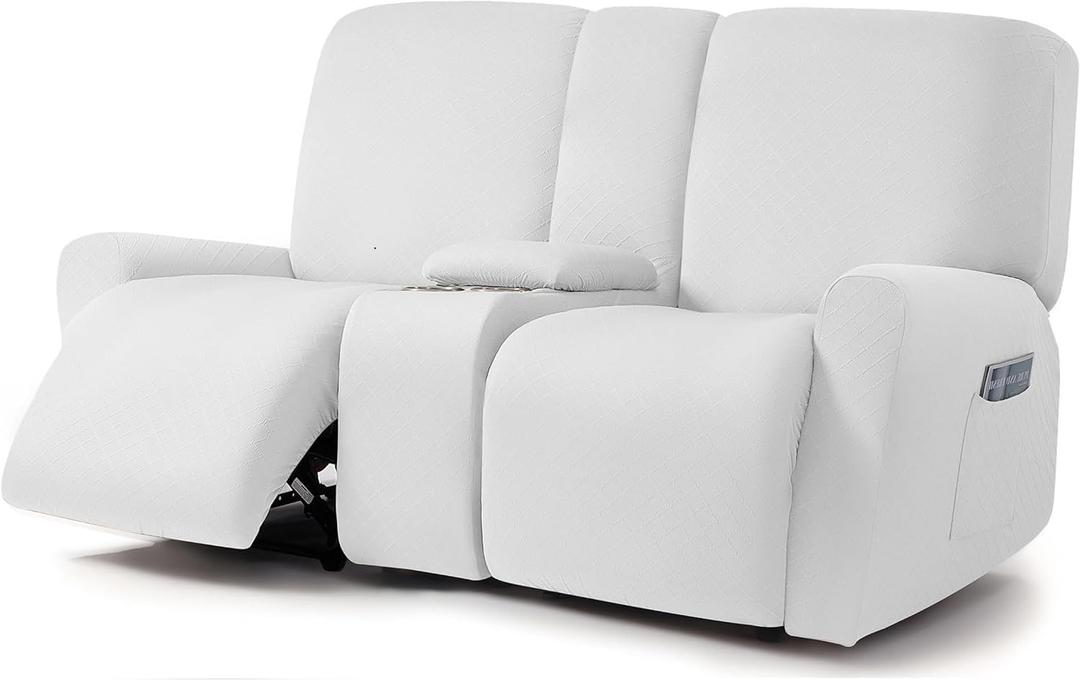 ULTICOR Squared Jacquard Design Reclining Loveseat with Middle Console Slipcover, 8-Piece Stretch Sofa Covers, 2 seat Loveseat Recliner Cover, Washable (Loveseat with Console Recliner Cover, Ivory)