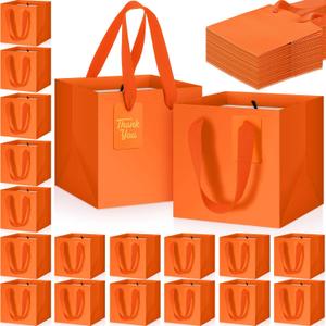 Windyun 50 Pcs Mini Paper Gift Bags with Handle Square Small Favor Bag with DIY Thank You Tag for Christmas Birthday Wedding Bridal Shower Bridesmaid Graduation Party, 6 x 6 x 6'' (Orange)